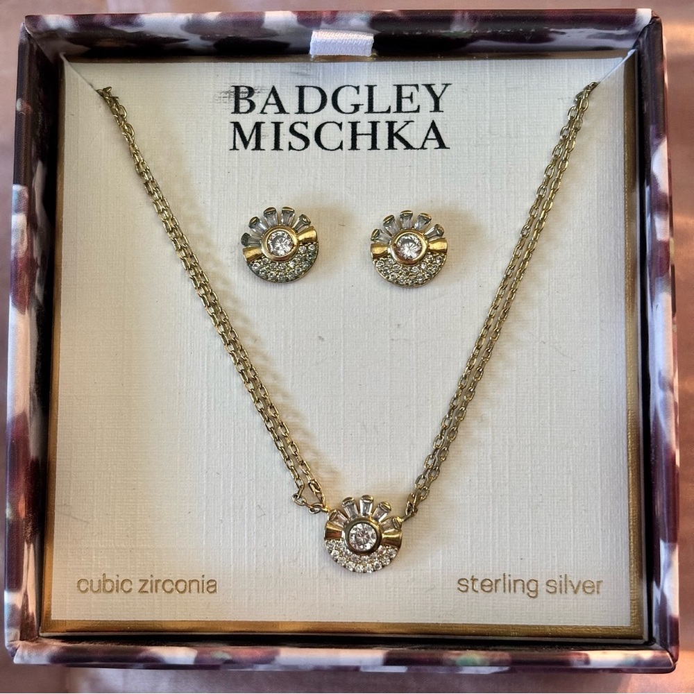 Badgley Mischka Gold and Sterling Silver Necklace and Earrings Jewelry Set